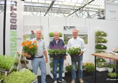 The men of African Roots, from left to right Paul Zwinkels, Rien van Hemert, and Hans Bentvelsen. Paul with one of their own selection Gazanias, Rien with, new to African Roots' selection, Salvia nemorosa Rianne Purple, and Hans with the Chrysanthemum white.